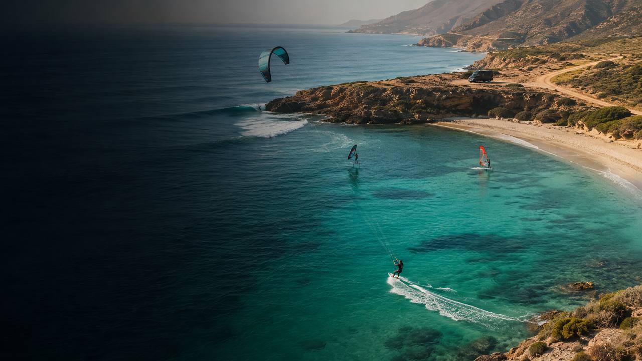 Kite et windsurf sur une baie turquoise — la promesse LEELOO